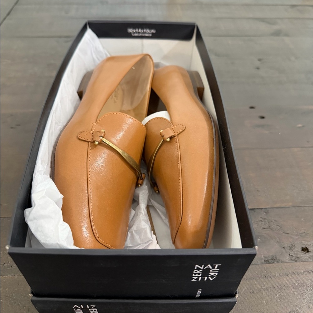 Naturalizer Tan Leather Slip-On Loafers with Gold Accent